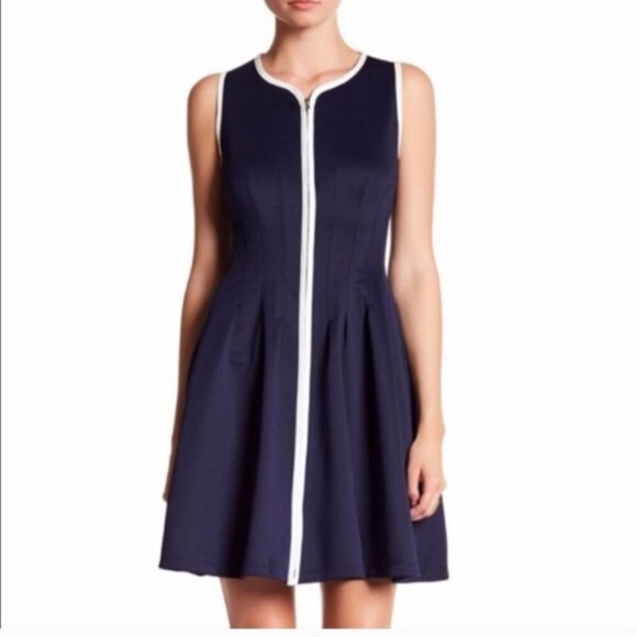 Betsey Johnson Navy/White Trim Front Zip Sleeveless Dress - Picture 2 of 5